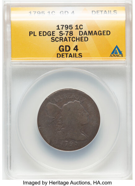 image for: 1795 1C Plain Edge, S-78, B-8, R.1 -- Damaged, Scratched -- ANACS Details. Good 4....