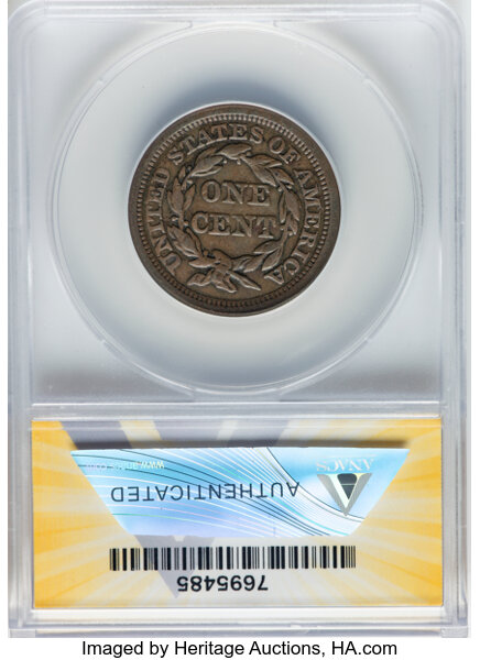 image for: 1857 1C Large Cent, Small Date, N-4, R.1 -- Scratched -- ANACS. VF30 Details.  Mintage 333,456....