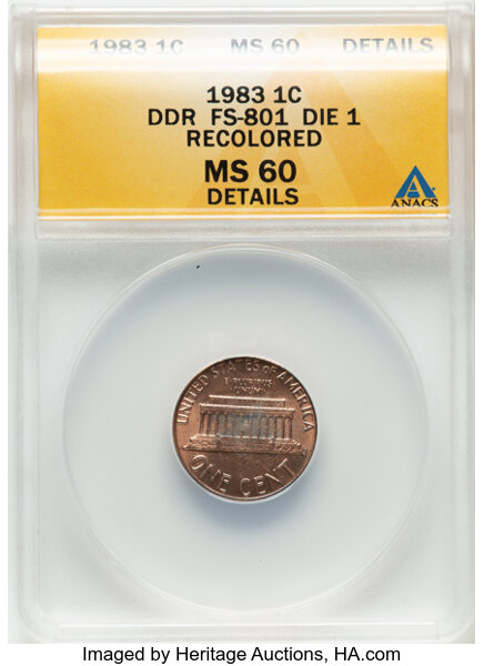 image for: 1983 1C Doubled Die Reverse, FS-801 -- Recolored -- ANACS. MS60 Details. Die 1....