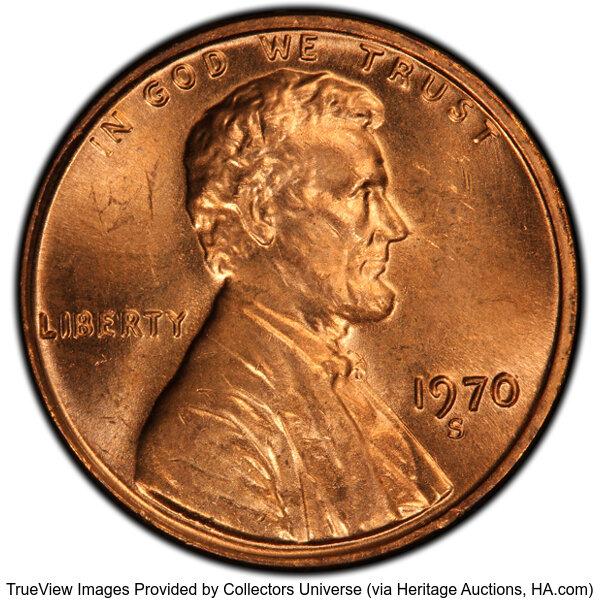 image for: 1970-S 1C Large Date, Doubled Die Obverse, FS-103, MS64 Red PCGS. Formerly FS-030.1. PCGS Population: (77/91).  Mintage 693...