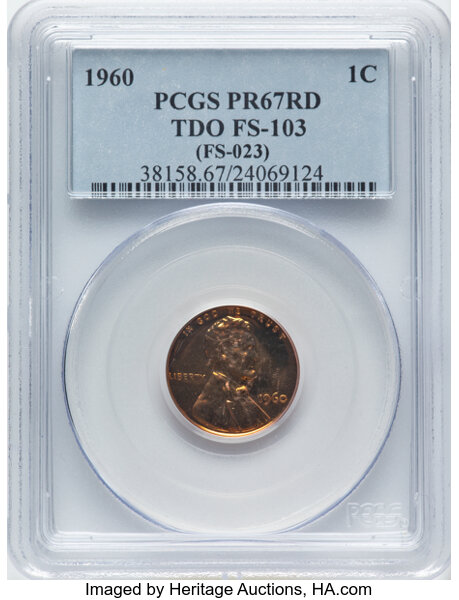image for: 1960 1C Large Over Small Date, Tripled Die Obverse, FS-103, PR67 Red PCGS. Formerly FS-023. PCGS Population: (41/22)....