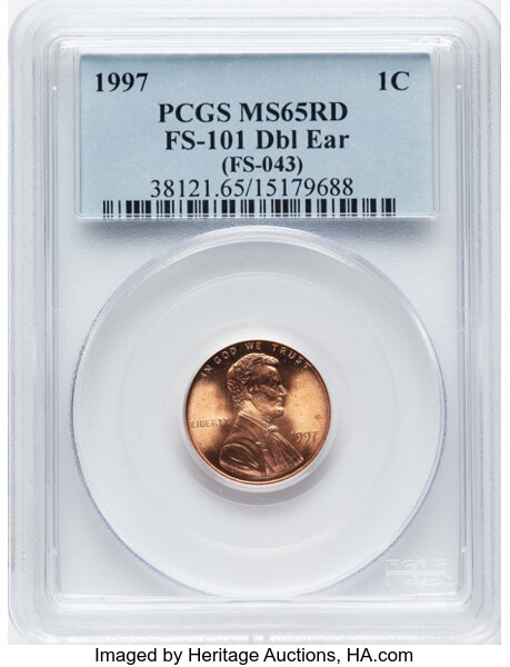 image for: 1997 1C Doubled Ear, FS-101, MS65 Red PCGS. Formerly FS-043. CDN: $200 Whsle. Bid for NGC/PCGS MS65....
