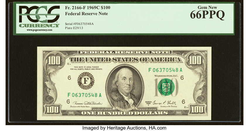 image for: Fr. 2166-F $100 1969C Federal Reserve Note. PCGS Gem New 66PPQ....