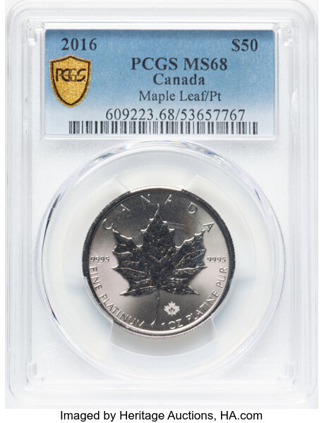 image for: Canada: Elizabeth II platinum "Maple Leaf" 50 Dollars (1 oz) 2016 MS68 PCGS,...