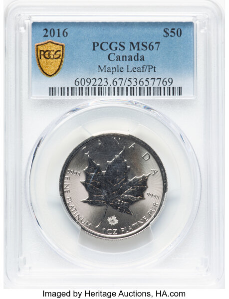 image for: Canada: Elizabeth II platinum "Maple Leaf" 50 Dollars (1 oz) 2016 MS67 PCGS,...