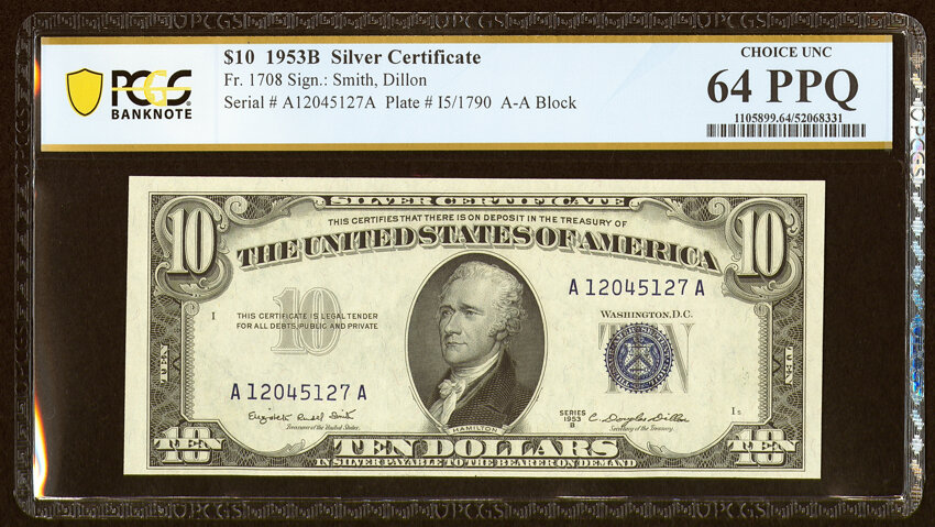 image for: Fr. 1708 $10 1953B Silver Certificate. PCGS Banknote Choice Unc 64 PPQ....