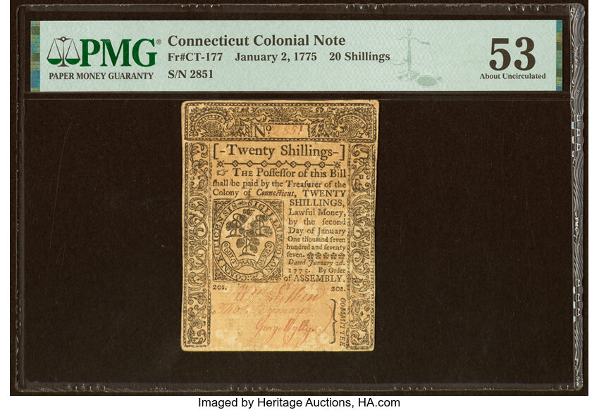 image for: Connecticut January 2, 1775 20s Uncanceled PMG About Uncirculated 53....