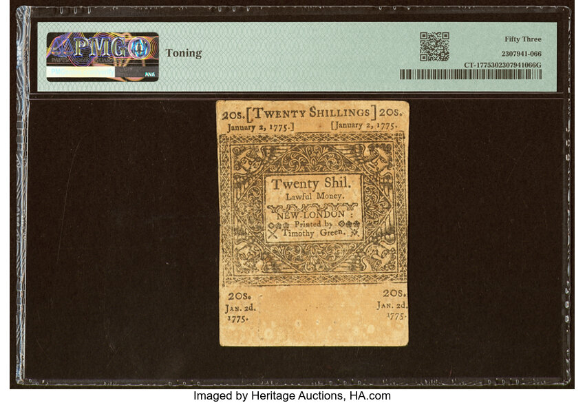 image for: Connecticut January 2, 1775 20s Uncanceled PMG About Uncirculated 53....