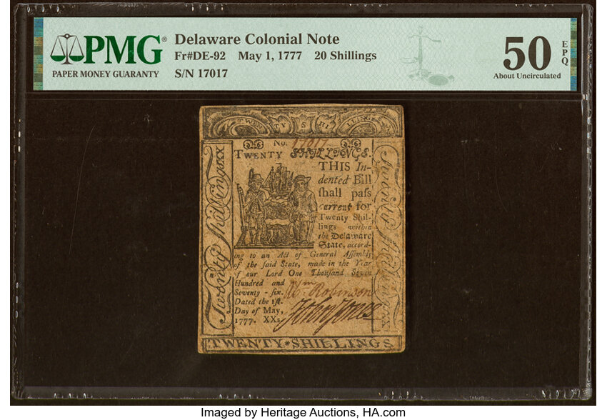 image for: Delaware May 1, 1777 20s PMG About Uncirculated 50 EPQ....