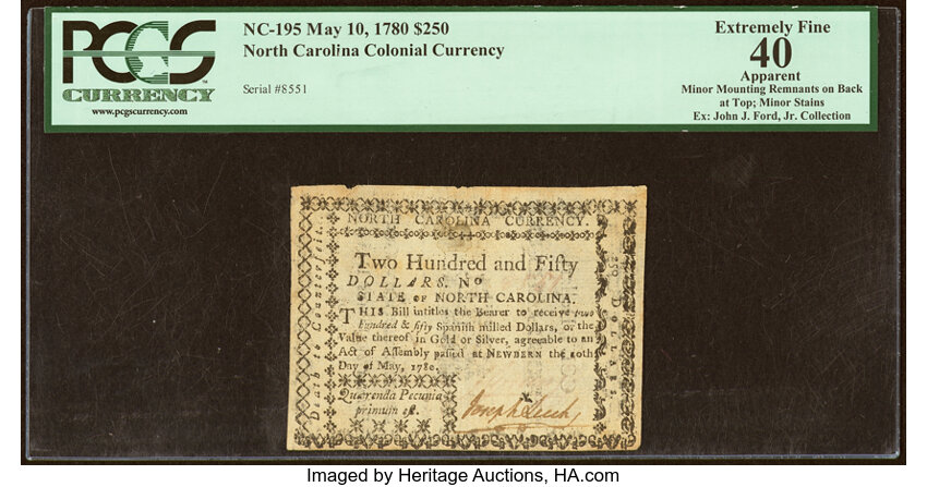 image for: North Carolina May 10, 1780 $250 Quaerenda Pecunia Primum Est. PCGS Apparent Extremely Fine 40....
