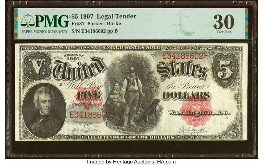 image for: Fr. 87 $5 1907 Legal Tender PMG Very Fine 30....