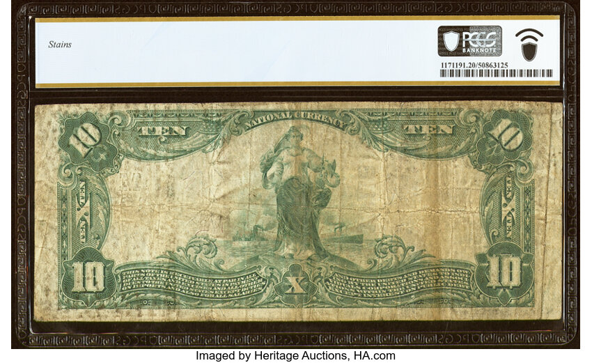 image for: Fremont, IN - $10 1902 Plain Back Fr. 631 The First National Bank Ch. # (M)10718 PCGS Banknote Very Fine 20....