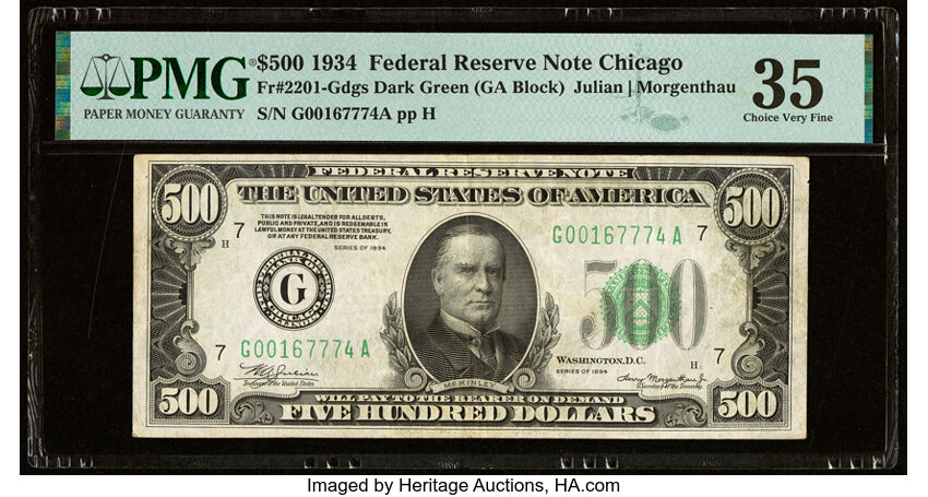 image for: Fr. 2201-G $500 1934 Federal Reserve Note. PMG Choice Very Fine 35....