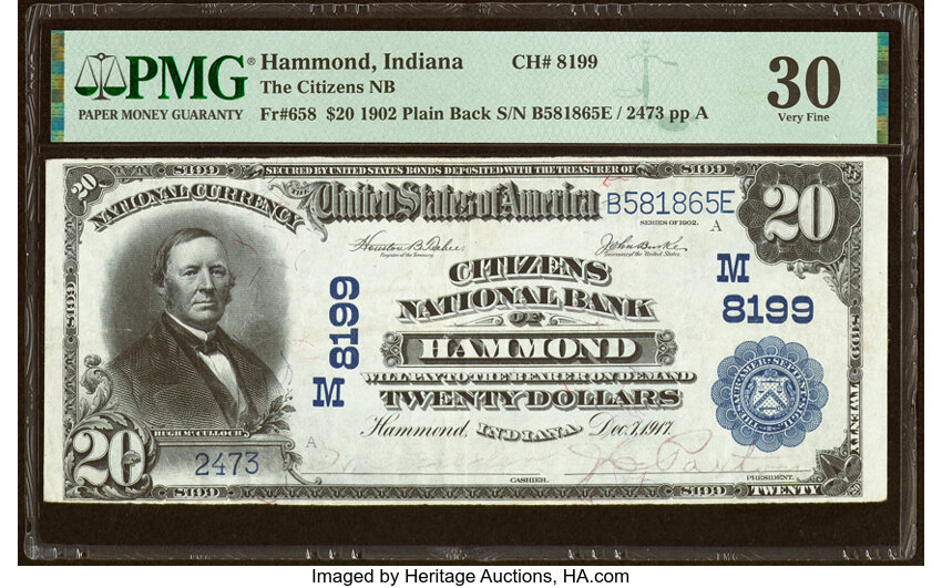 image for: Hammond, IN - $20 1902 Plain Back Fr. 658 The Citizens National Bank Ch. # (M)8199 PMG Very Fine 30....