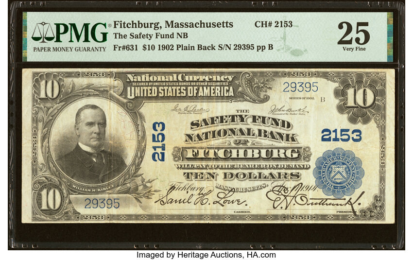 image for: Fitchburg, MA - $10 1902 Plain Back Fr. 631 The Safety Fund National Bank Ch. # 2153 PMG Very Fine 25....