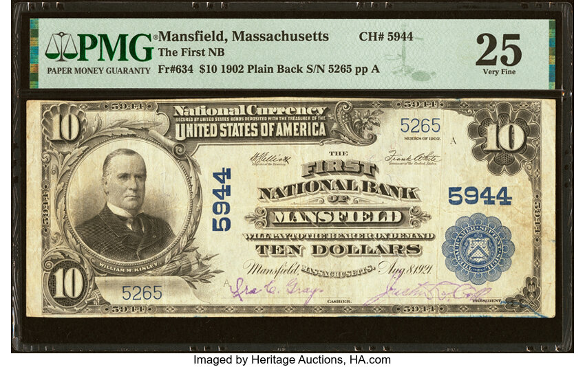 image for: Mansfield, MA - $10 1902 Plain Back Fr. 634 The First National Bank Ch. # 5944 PMG Very Fine 25....