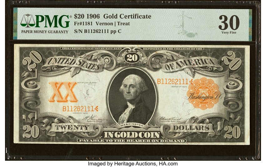 image for: Fr. 1181 $20 1906 Gold Certificate PMG Very Fine 30....