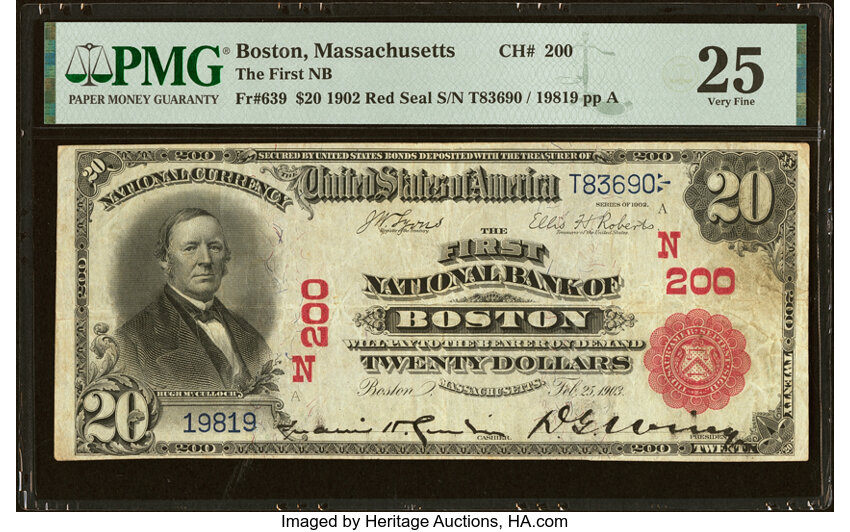 image for: Boston, MA - $20 1902 Red Seal Fr. 639 The First National Bank Ch. # (N)200 PMG Very Fine 25....