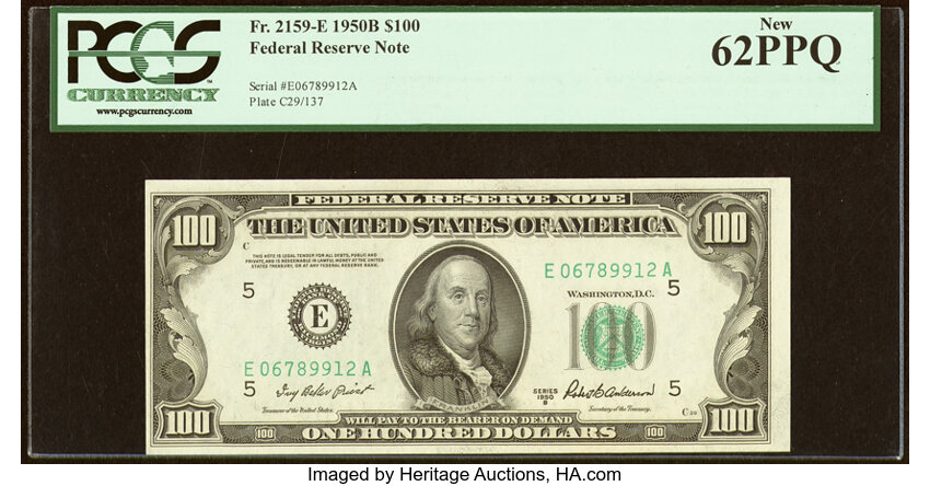 image for: Fr. 2159-E $100 1950B Federal Reserve Note. PCGS New 62PPQ....