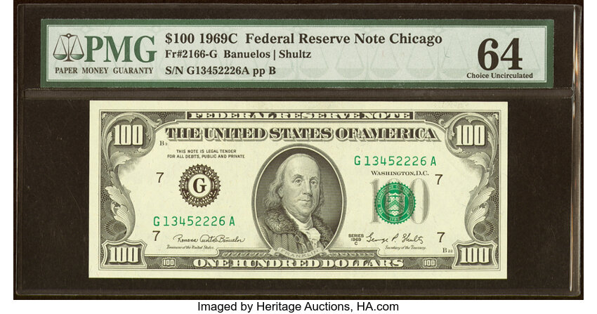 image for: Fr. 2166-G $100 1969C Federal Reserve Note. PMG Choice Uncirculated 64....