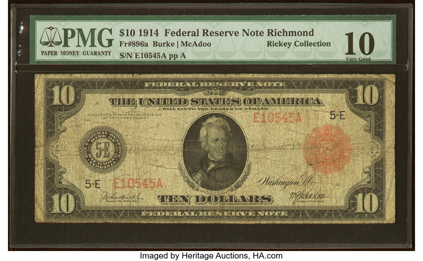 image for: Fr. 896a $10 1914 Red Seal Federal Reserve Note PMG Very Good 10....