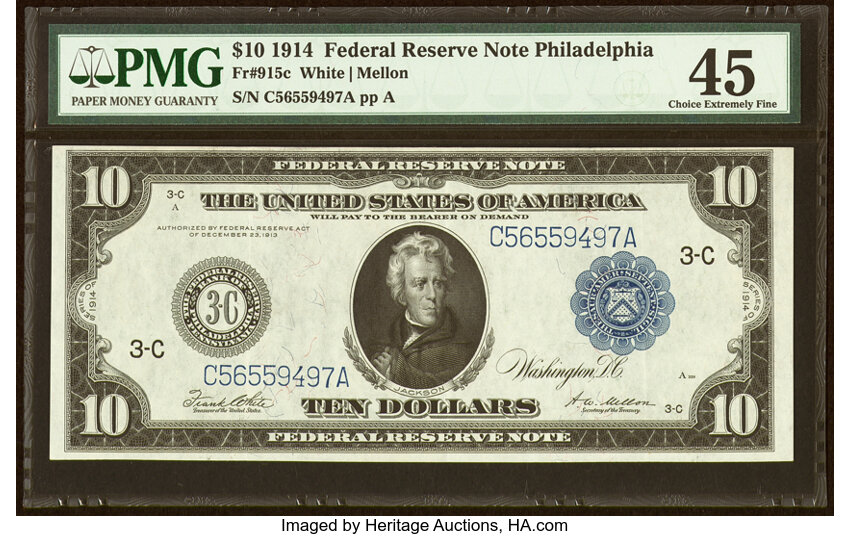 image for: Fr. 915c $10 1914 Federal Reserve Note PMG Choice Extremely Fine 45....