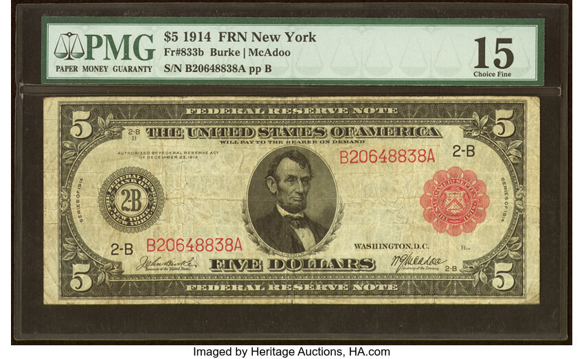 image for: Fr. 833b $5 1914 Red Seal Federal Reserve Note PMG Choice Fine 15....