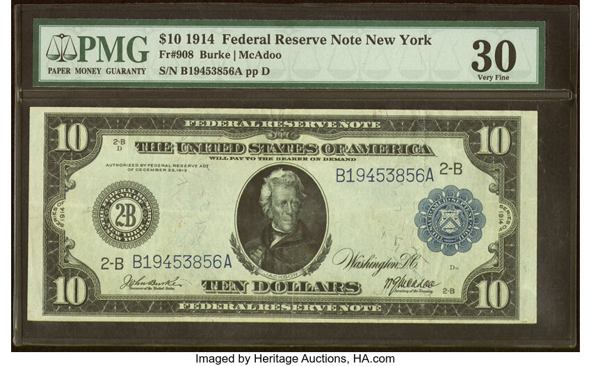 image for: Fr. 908 $10 1914 Federal Reserve Note PMG Very Fine 30....