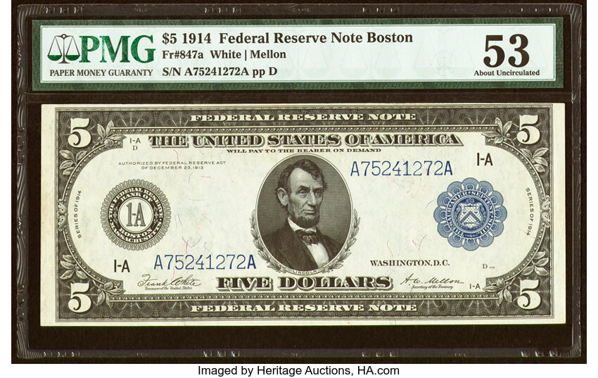 image for: Fr. 847a $5 1914 Federal Reserve Note PMG About Uncirculated 53....