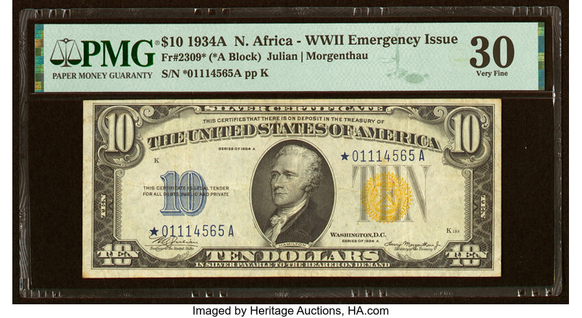 image for: Fr. 2309* $10 1934A North Africa Silver Certificate Star Note. PMG Very Fine 30....
