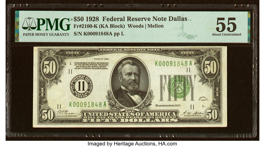 image for: Fr. 2100-K $50 1928 Federal Reserve Note. PMG About Uncirculated 55....