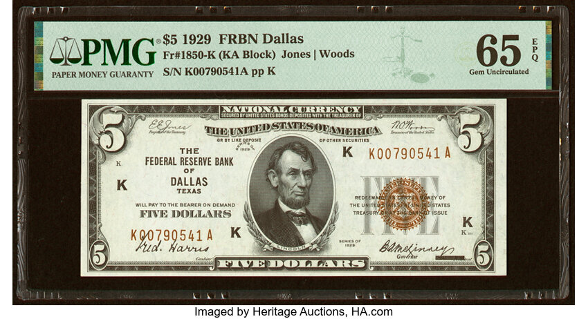 image for: Fr. 1850-K $5 1929 Federal Reserve Bank Note. PMG Gem Uncirculated 65 EPQ....