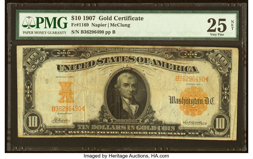 image for: Fr. 1169 $10 1907 Gold Certificate PMG Very Fine 25 Net....