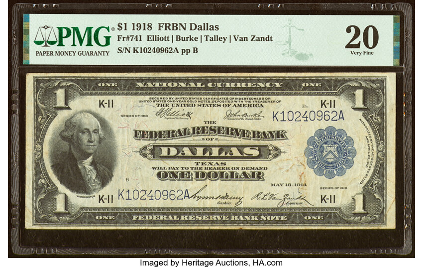 image for: Fr. 741 $1 1918 Federal Reserve Bank Note PMG Very Fine 20....