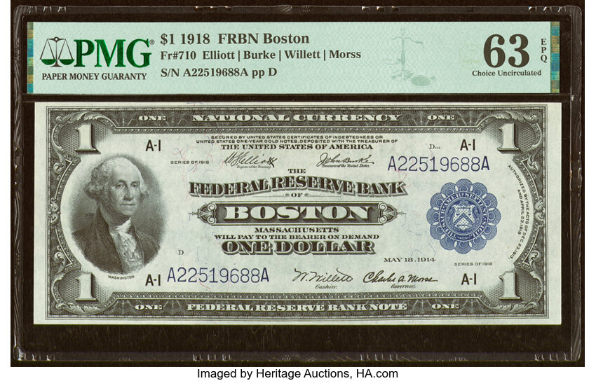 image for: Fr. 710 $1 1918 Federal Reserve Bank Note PMG Choice Uncirculated 63 EPQ....