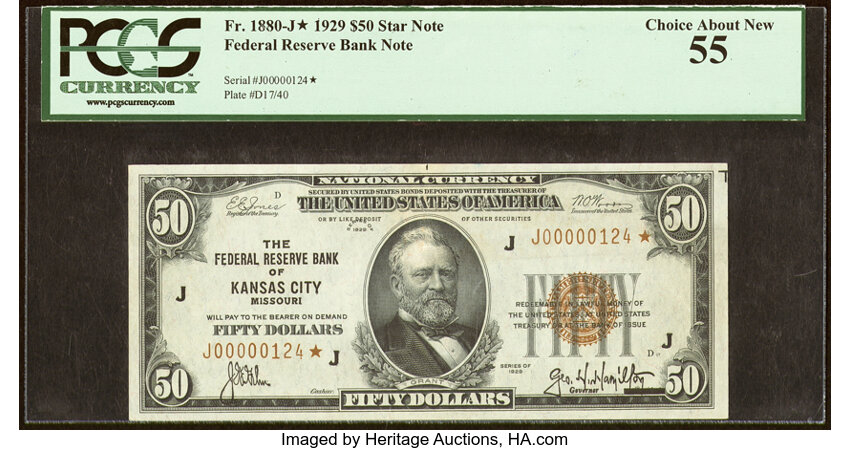 image for: Low Serial Number 124 Fr. 1880-J* $50 1929 Federal Reserve Bank Star Note. PCGS Choice About New 55....