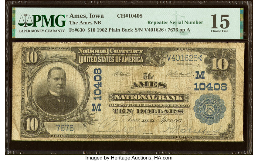 image for: Ames, IA - $10 1902 Plain Back Fr. 630 The Ames National Bank Ch. # (M)10408 PMG Choice Fine 15....
