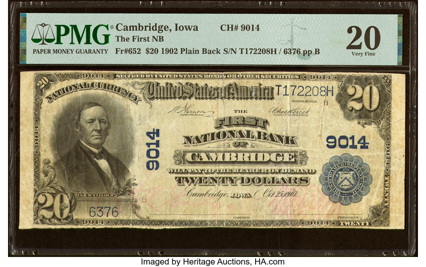 image for: Cambridge, IA - $20 1902 Plain Back Fr. 652 The First National Bank Ch. # 9014 PMG Very Fine 20....