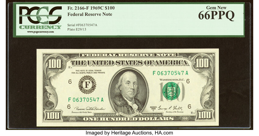 image for: Fr. 2166-F $100 1969C Federal Reserve Note. PCGS Gem New 66PPQ....