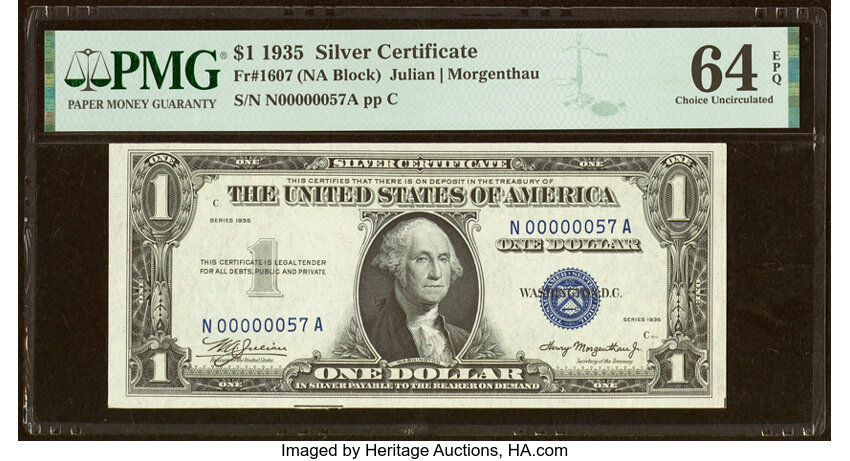 image for: Low Serial Number 57 Fr. 1607 $1 1935 Silver Certificate. PMG Choice Uncirculated 64 EPQ....