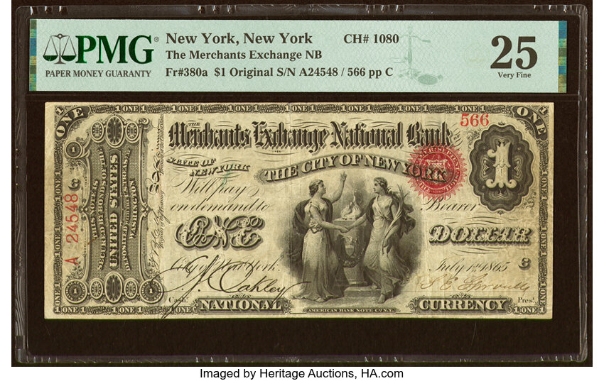 image for: New York, NY - $1 Original Fr. 380a The Merchants Exchange National Bank Ch. # 1080 PMG Very Fine 25....