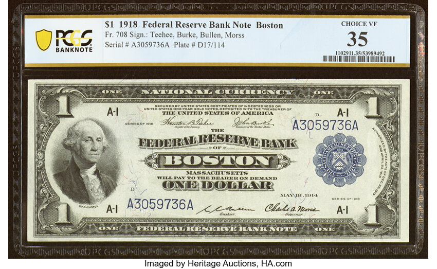 image for: Fr. 708 $1 1918 Federal Reserve Bank Note PCGS Banknote Choice VF 35....