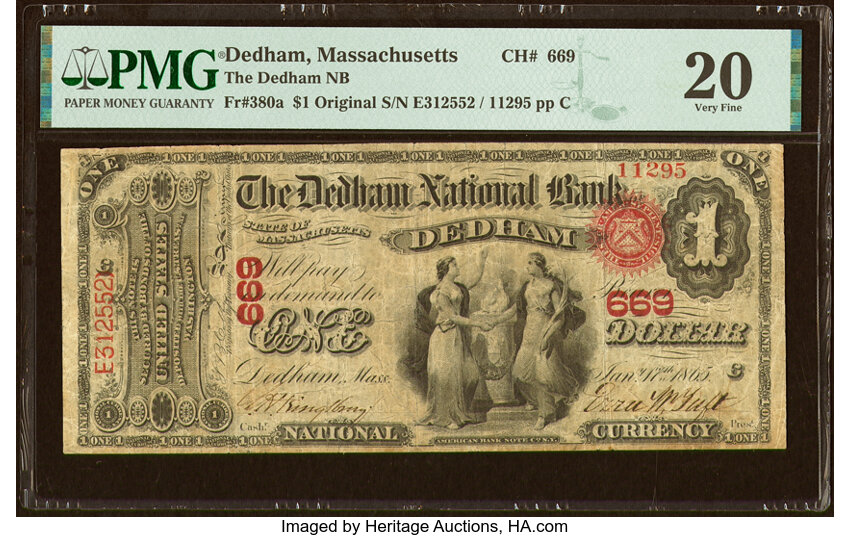 image for: Dedham, MA - $1 Original Fr. 380a The Dedham National Bank Ch. # 669 PMG Very Fine 20....
