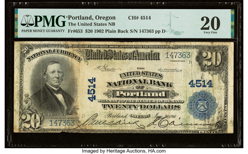 image for: Portland, OR - $20 1902 Plain Back Fr. 653 The United States National Bank Ch. # 4514 PMG Very Fine 20....