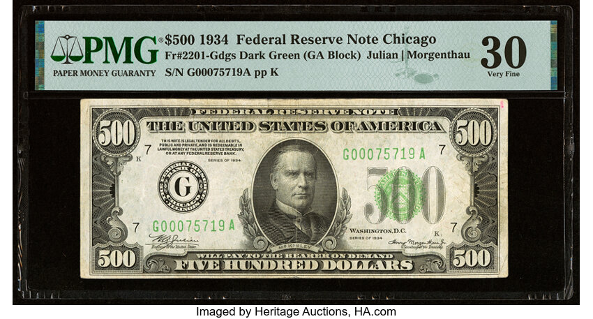 image for: Fr. 2201-G $500 1934 Federal Reserve Note. PMG Very Fine 30....