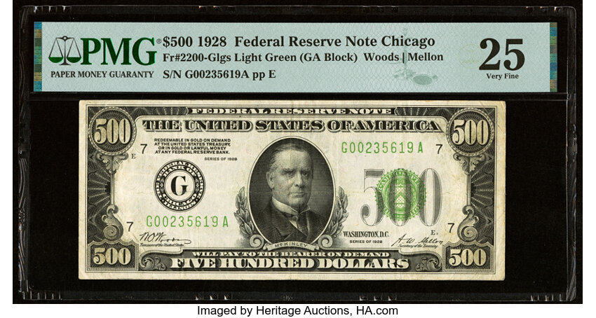 image for: Fr. 2200-G $500 1928 Light Green Seal Federal Reserve Note. PMG Very Fine 25....