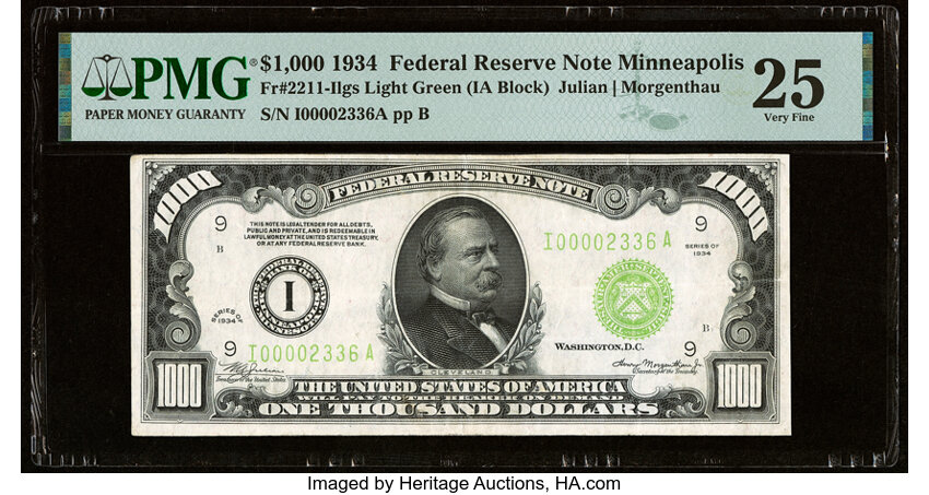 image for: Fr. 2211-I $1,000 1934 Light Green Seal Federal Reserve Note. PMG Very Fine 25....