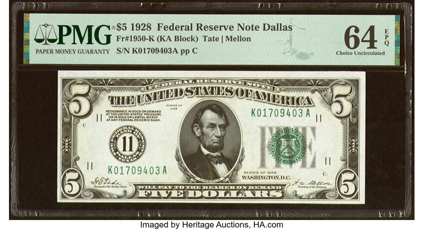 image for: Fr. 1950-K $5 1928 Federal Reserve Note. PMG Choice Uncirculated 64 EPQ....