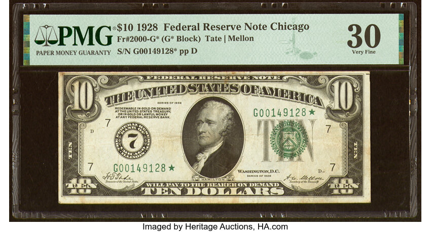 image for: Fr. 2000-G* $10 1928 Federal Reserve Star Note. PMG Very Fine 30....