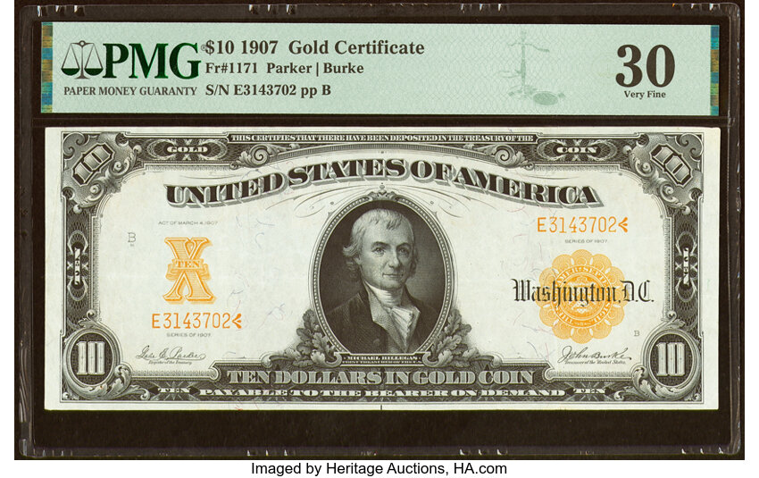 image for: Fr. 1171 $10 1907 Gold Certificate PMG Very Fine 30....